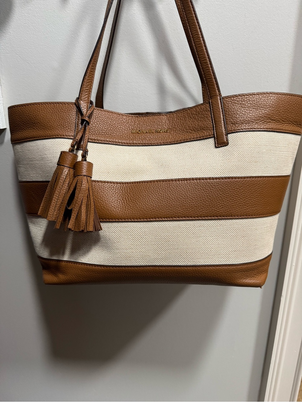 Michael Kors Tan and Cream Striped Leather-Trim Tote